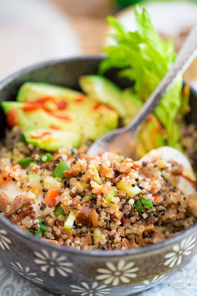 Bursting with so much wholesome flavors and textures, this Sweet and Spicy Chicken Jerky Quinoa Salad is sure to brighten up your next work or school lunch hour! 
