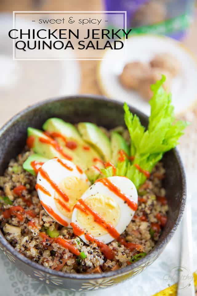 Bursting with so much wholesome flavors and textures, this Sweet and Spicy Chicken Jerky Quinoa Salad is sure to brighten up your next work or school lunch hour! 