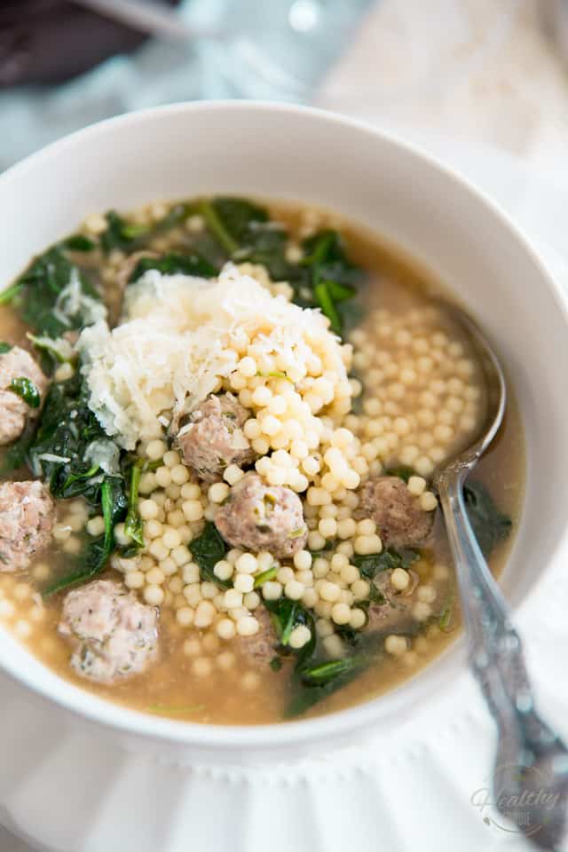 Italian Wedding Soup is a classic soup made with adorable mini meatballs cooked in a tasty broth with a myriad of miniature pasta beads and fresh spinach.