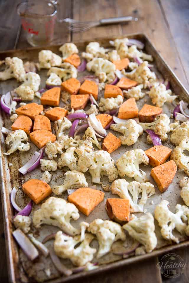 Oven Roasted Cauliflower Sweet Potato Barley Salad by Sonia! The Healthy Foodie | Recipe on thehealthyfoodie.com