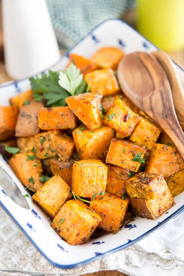 A bowl of Oven Roasted Sweet Potatoes