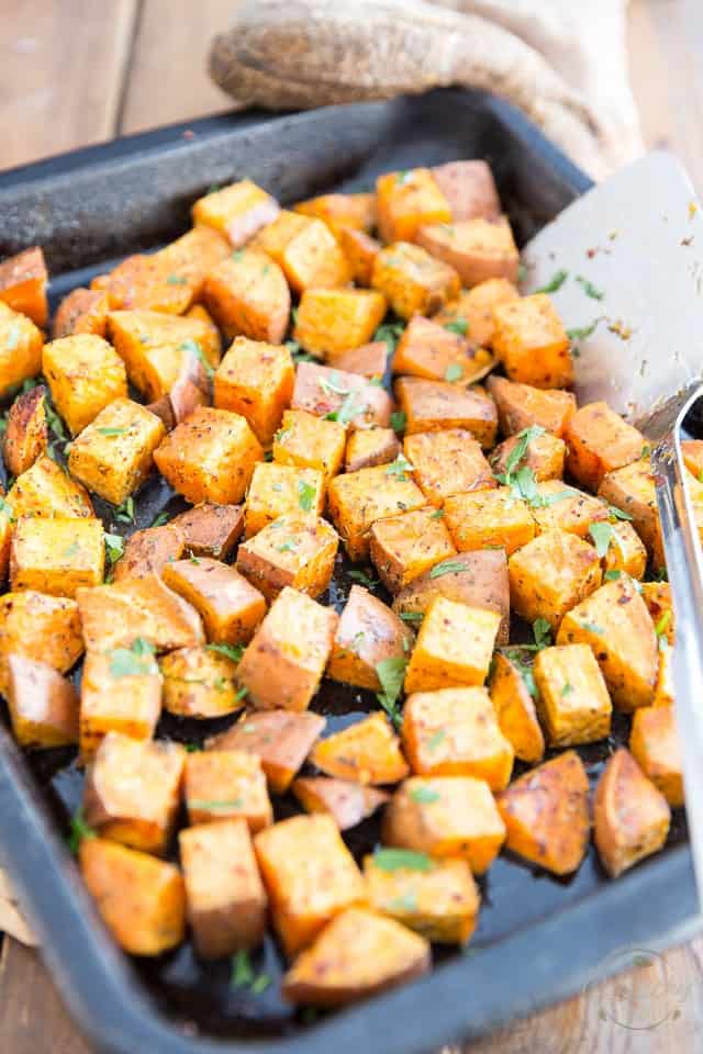 Oven Roasted Sweet Potatoes with a sprinkle of parsley - ready to serve