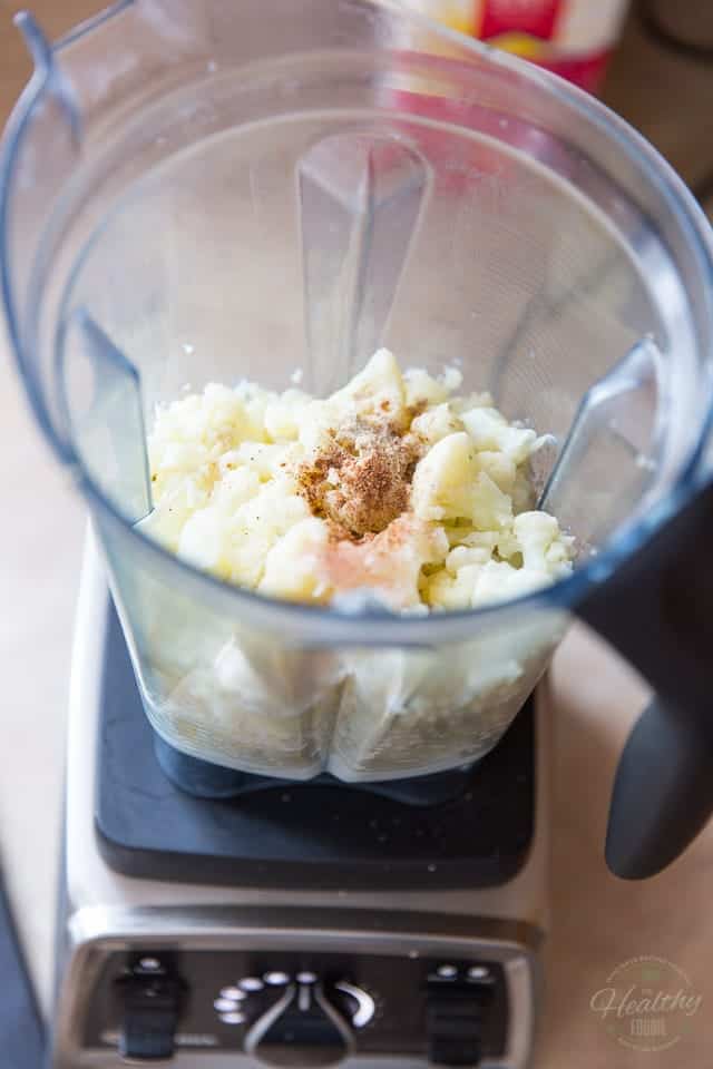 Add the steamed cauliflower, milk and seasonings to high speed blender to make "bechamel sauce" 