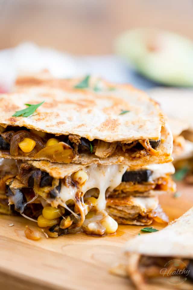 Super quick and easy to make, these healthier Chicken Quesadillas are loaded with chiken, corn, olives and just what it takes of cheese to bind it all together. With their explosion of Mexican flavors, kids and adults alike will love 'em! 