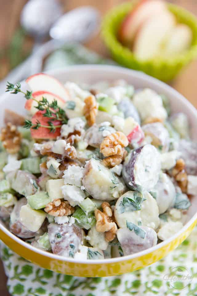 Loaded with so many different flavors and textures, this Creamy Apple Feta Potato Salad is sure to be a crowd pleaser at your next picnic, potluck or party! No need to tell anyone there that it's actually good for them. That'll be our little secret! 