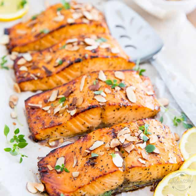 Honey Almond Oven Baked Salmon • The Healthy Foodie