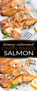 Ready in mere minutes, this Honey Almond Oven Baked Salmon is so easy to make yet so tasty and so elegant, you can basically serve it for any occasion, any time of day or year!