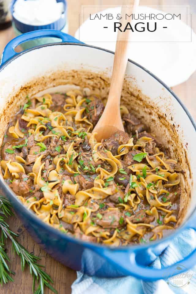 Braised slowly with love in a Dutch oven, chock full of melt-in-your-mouth tender chunks of lamb meat and large pieces of mushroom, brought together by a rich and crazy tasty dark beer sauce, this Lamb and Mushroom Ragu truly is as hearty and comforting as can be! 