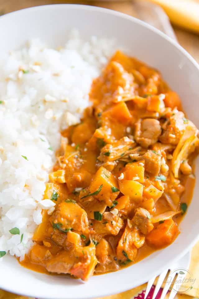 This Senegalese Mafé is a delicious and sumptuous Chicken stew that also happens to be chock-full of hearty chunks of sweet potatoes, carrots, rutabaga and cabbage, all blanketed in a creamy, slightly spicy tomato peanut sauce.