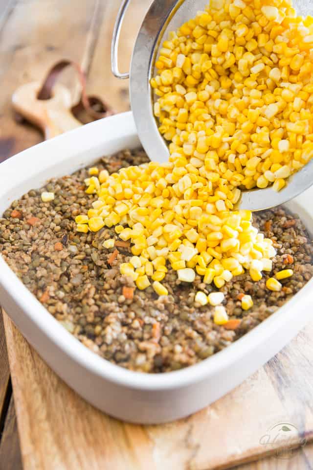 Corn is being poured out of a fined meshed sieve and onto a white ceramic baking dish containing a mixture of cooked lentils and kasha