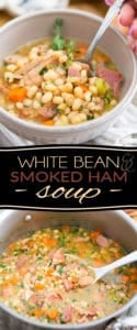 With its generous chunks of carrots, celery, loads of navy beans and cubed ham, this White Bean and Smoked Ham Soup is as hearty and nutritious as can be! The perfect way to warm you up on a chilly day, or to use up your leftover ham!