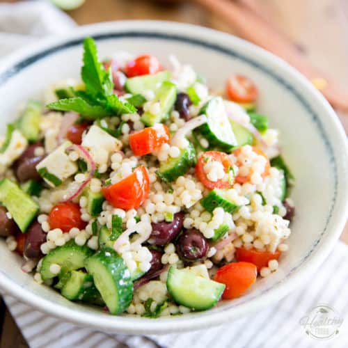 Greek Style Pearl Couscous Salad • The Healthy Foodie