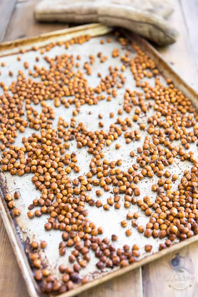 Oven Roasted Chickpeas fresh out of the oven, still on the baking sheet