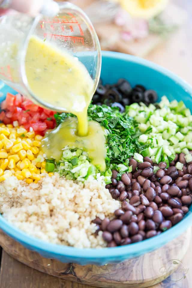 Inspired by my favorite Lebanese restaurant, this extremely simple but super tasty Black Bean Corn and Quinoa Salad goes good with just about anything and is just as enjoyable any time of the year! 