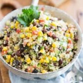 Inspired by my favorite Lebanese restaurant, this extremely simple but super tasty Black Bean Corn and Quinoa Salad goes good with just about anything and is just as enjoyable any time of the year!