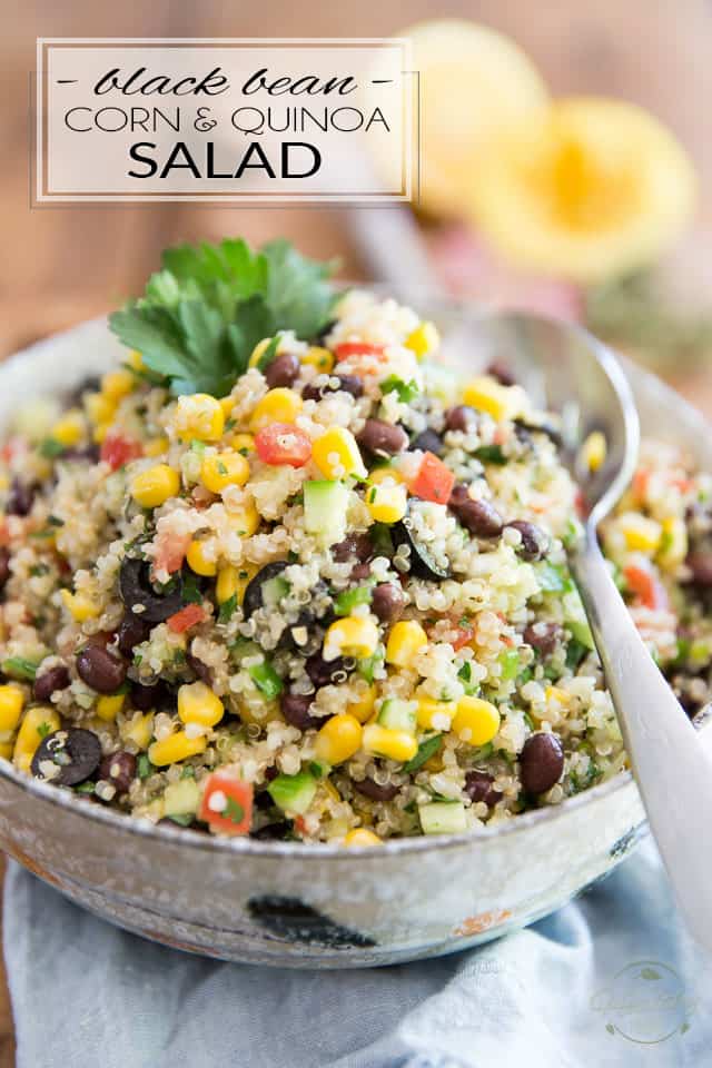 Inspired by my favorite Lebanese restaurant, this extremely simple but super tasty Black Bean Corn and Quinoa Salad goes good with just about anything and is just as enjoyable any time of the year! 