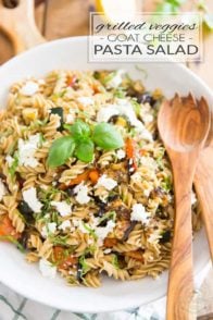 Loaded with tons grilled vegetables such as eggplant, zucchini and roasted roasted bell peppers, topped with a generous amount of creamy goat cheese, this Grilled Vegetables and Goat Cheese Pasta Salad will be the star of your summer meals!