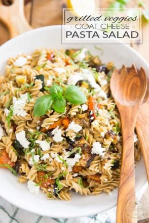 Loaded with tons grilled vegetables such as eggplant, zucchini and roasted roasted bell peppers, topped with a generous amount of creamy goat cheese, this Grilled Vegetables and Goat Cheese Pasta Salad will be the star of your summer meals!