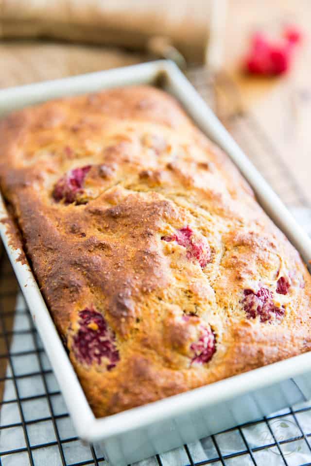 Overhead view of a fresh-out-of-the-oven Orange Raspberry Bread