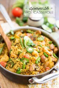 Bring a touch of exoticism to your plate with this Paella inspired Spanish Rice Casserole. Much easier to make - and to eat - than the dish that inspired it, it is shockful of bold, exotic flavors, as well as loads of meat and veggies to keep you satisfied for a very long time!