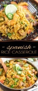 Bring a touch of exoticism to your plate with this Paella inspired Spanish Rice Casserole. Much easier to make - and to eat - than the dish that inspired it, it is shockful of bold, exotic flavors, as well as loads of meat and veggies to keep you satisfied for a very long time!