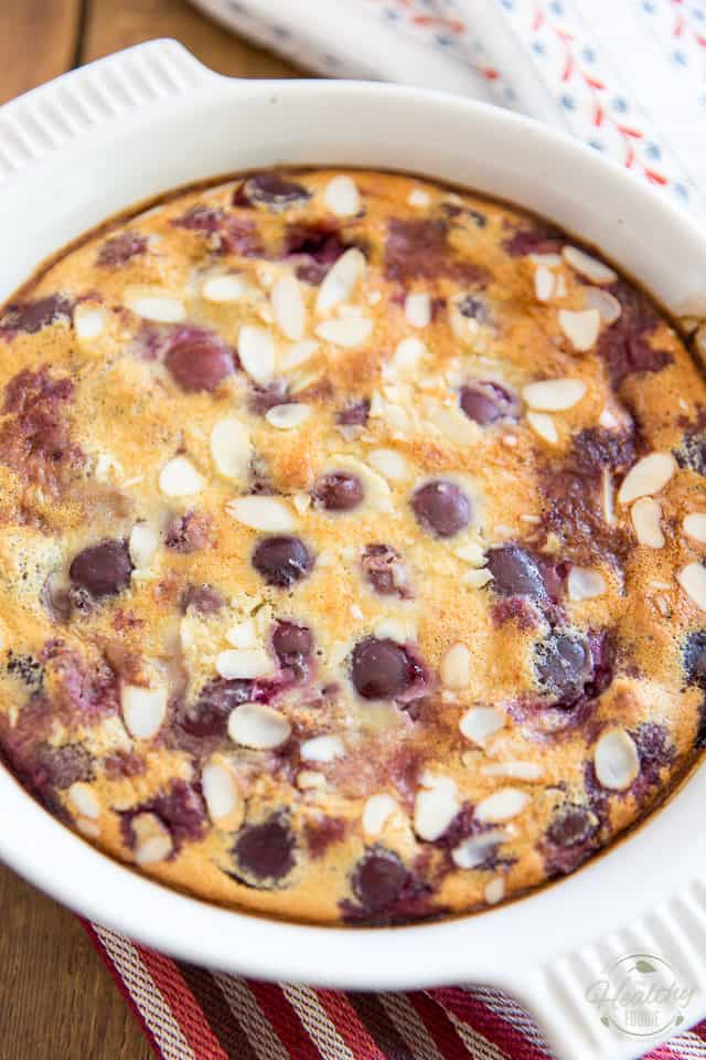 Overhead view of a fresh out of the oven cherry clafoutis