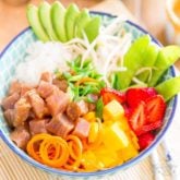 If you are a fan of sushi, then you will be all over this Strawberry Mango Tuna Poke Bowl! It's a bit like sushi in a bowl, like sushi made super easy... I'm telling you, nutritious food has never tasted this good!
