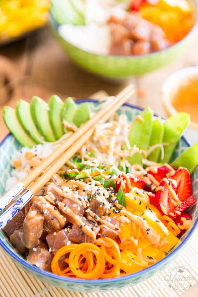 If you are a fan of sushi, then you will be all over this Strawberry Mango Tuna Poke Bowl! It's a bit like sushi in a bowl, like sushi made super easy... I'm telling you, nutritious food has never tasted this good! 