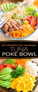 If you are a fan of sushi, then you will be all over this Strawberry Mango Tuna Poke Bowl! It's a bit like sushi in a bowl, like sushi made super easy... I'm telling you, nutritious food has never tasted this good!