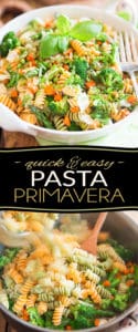 Loaded with all kinds of vegetables, this quick and easy Pasta Primavera makes for a truly excellent vegetarian meal, but would also be perfect served as a side dish, or could even be eaten as a cold pasta salad!