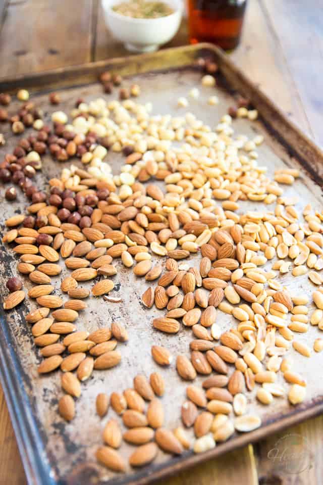 Nuts arranged on a baking sheet