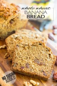 Sweetened with nothing but bananas, apple sauce and dates, this wholesome No Sugar Added Whole Wheat Banana Bread might very well become your new go to recipe! I know it's become mine!