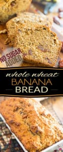 Sweetened with nothing but bananas, apple sauce and dates, this wholesome No Sugar Added Whole Wheat Banana Bread might very well become your new go to recipe! I know it's become mine!