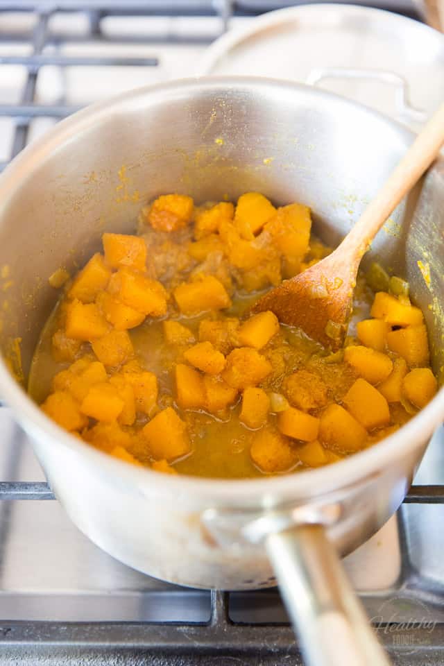 Butternut squash cooked in saucepan