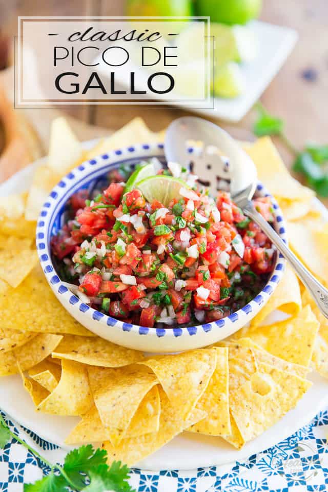 Pico de Gallo is a crazy tasty yet super simple Mexican salsa made from chopped tomatoes, onion, cilantro, fresh jalapenos, salt, and lime juice. Serve it with tortillas or sprinkle liberally on all your favorite foods! 