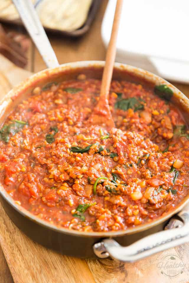 A vegetarian tomato sauce in a saute pan