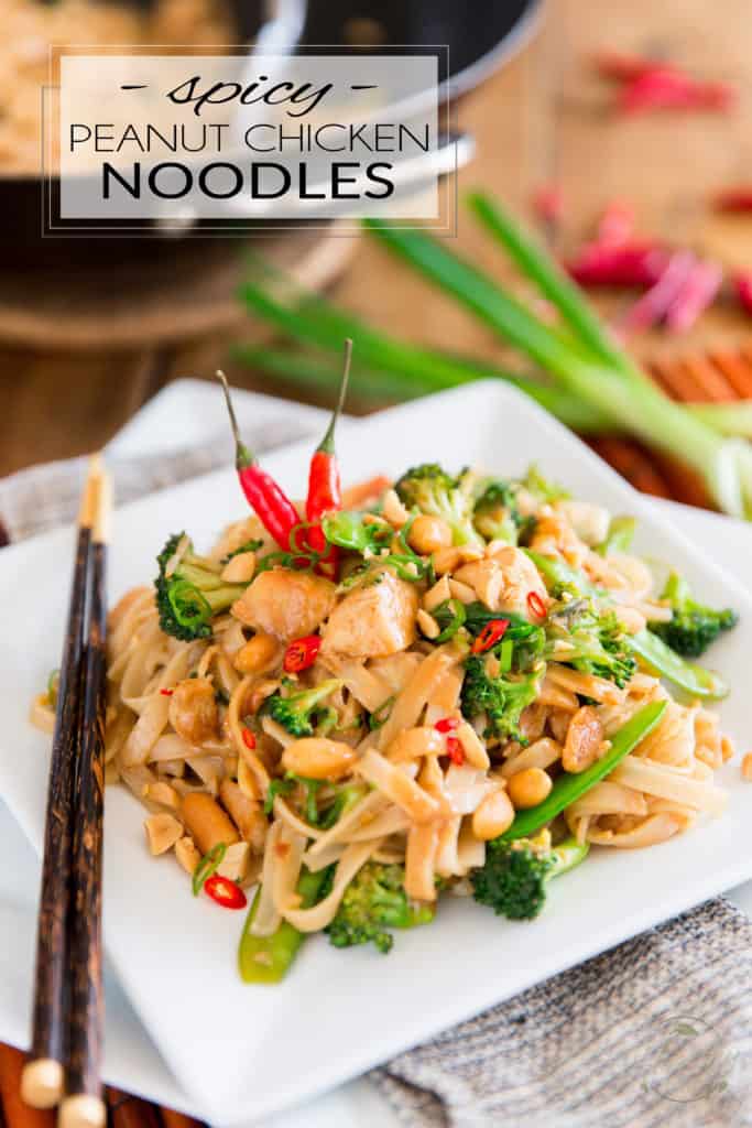 This spicy peanut chicken noodle dish is loaded with tasty morsels of chicken, crunchy veggies and soft rice noodles, all wrapped up in a rich and spicy peanut sauce.  