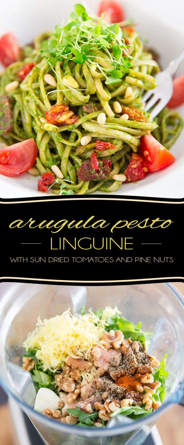 Arugula Pesto is a very decent, super tasty and much more affordable alternative to traditional basil pesto! Served with pasta, paired with sun dried tomatoes and pine nuts, it makes for a truly winning combination.
