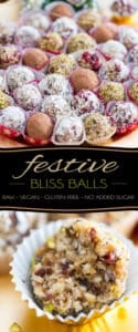 Raw, vegan, free of gluten and of added sugar, these Festive Bliss Balls are the perfect little pick-me up snack or sweet yet healthy capper at the end of a good meal.