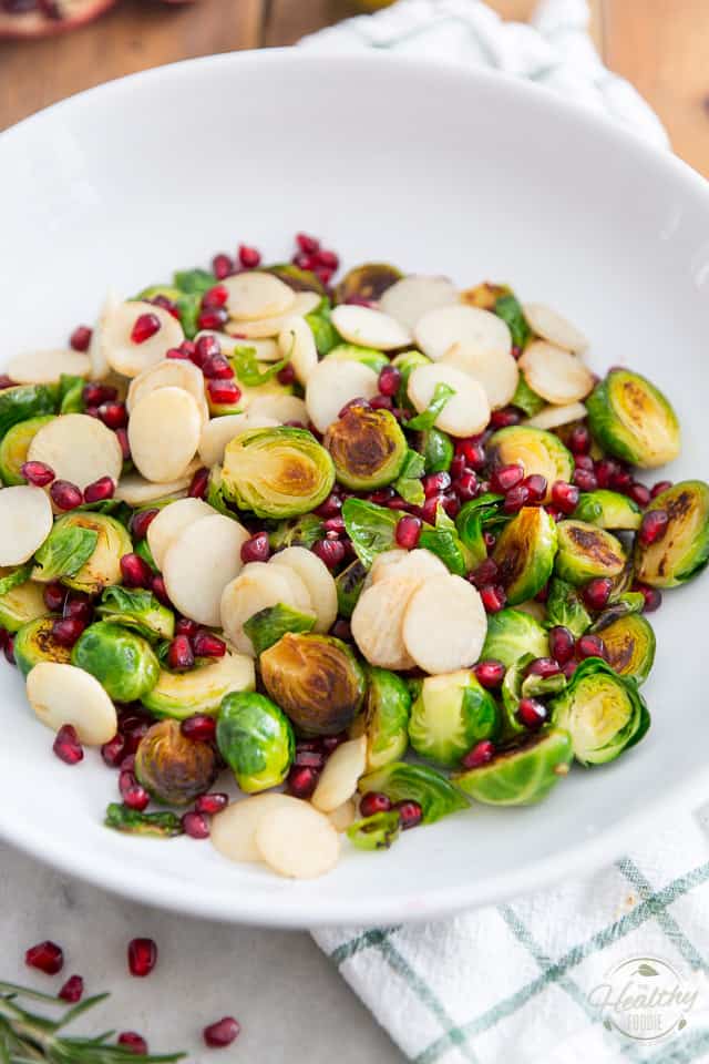 Pan Roasted Brussels Sprouts with Water Chestnuts and Pomegranate Seeds by Sonia! The Healthy Foodie | Recipe on thehealthyfoodie.com