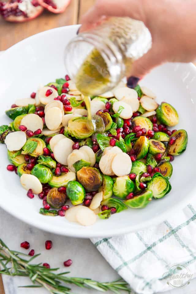 Pan Roasted Brussels Sprouts with Water Chestnuts and Pomegranate Seeds by Sonia! The Healthy Foodie | Recipe on thehealthyfoodie.com