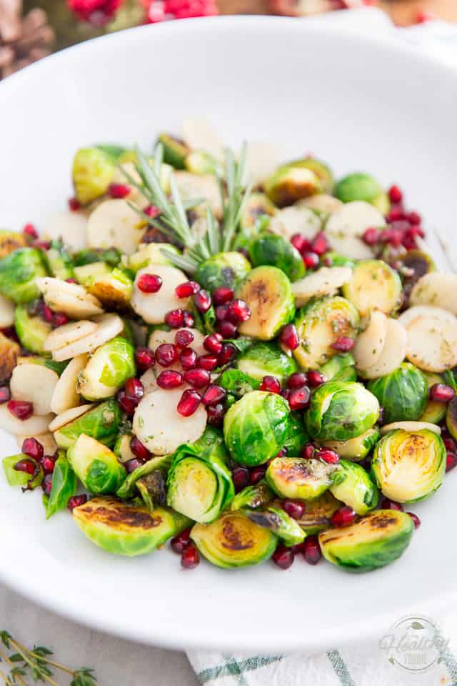 Pan Roasted Brussels Sprouts with Water Chestnuts and Pomegranate Seeds by Sonia! The Healthy Foodie | Recipe on thehealthyfoodie.com