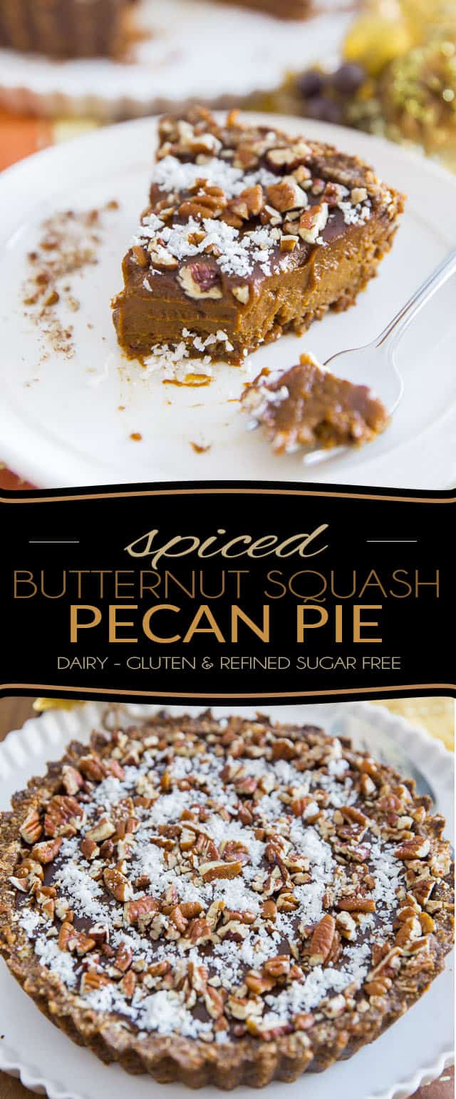 Free of dairy, gluten and refined sugar, this Spiced Butternut Squash Pecan Pie is a nice change from your classic pumpkin pie, and perhaps even better! What's best is you can easily make it with your own homemade butternut squash puree and ditch the canned pumpkin stuff!