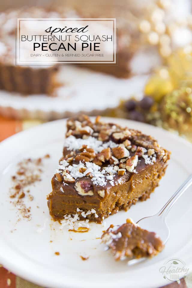 Free of dairy, gluten and refined sugar, this Spiced Butternut Squash Pecan Pie is a nice change from your classic pumpkin pie, and perhaps even better! What's best is you can easily make it with your own homemade butternut squash puree and ditch the canned pumpkin stuff!