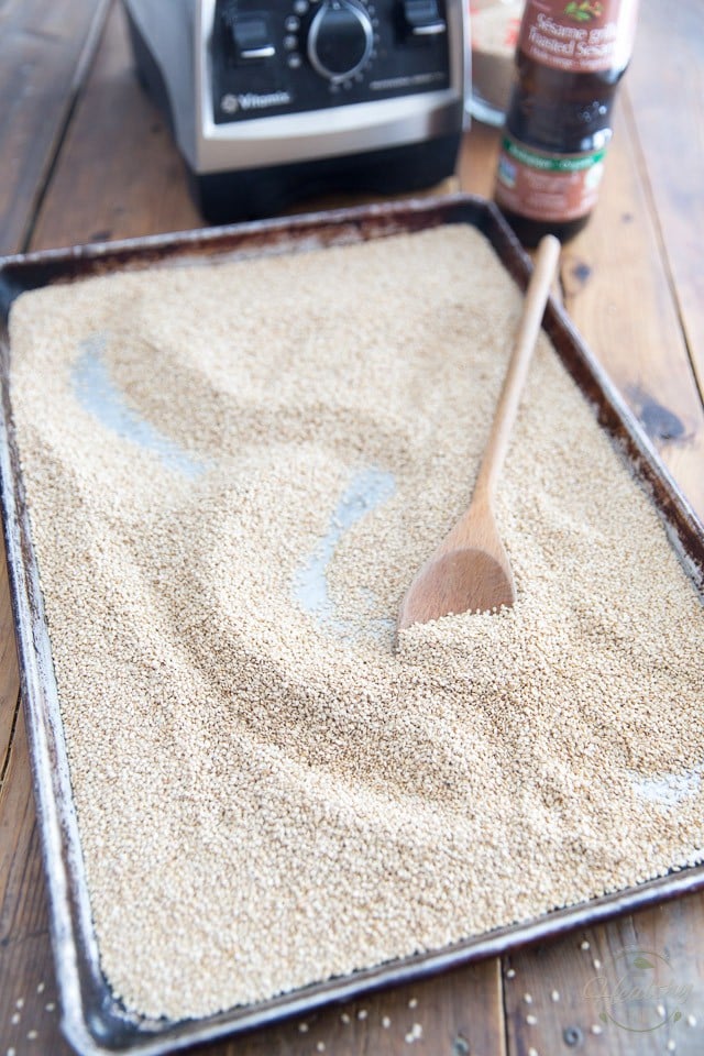 Toasted Sesame Seeds on a rimmed baking sheet
