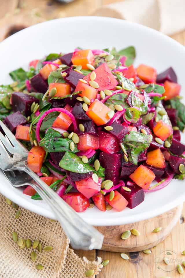 Don't waste another piece of foil to roast your beets in the oven! Simply throw them whole in a Dutch oven, to concentrate and seal in their sweet and earthy flavor, then easily turn them into this nutrition-packed, scrumptious Oven Roasted Beet Salad!