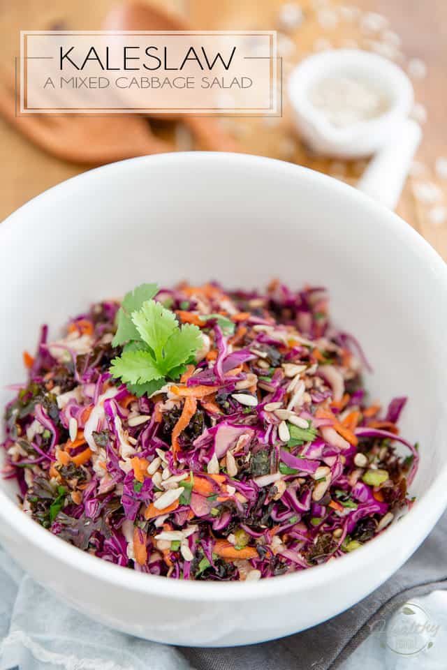 Sweet and tangy with a bit of an Asian flair, this Kaleslaw features a tasty mix of red kale, red cabbage and napa cabbage. It's the perfect companion for all your dishes, any time of day, any time of year!