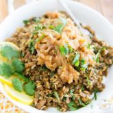 Mujadara is a super simple yet crazy comforting Lebanese dish made with lentils and rice which are slowly simmered with caramelized onions, then tossed with fresh cilantro and served topped with even more caramelized onions! Stunning on its own, or as a side!