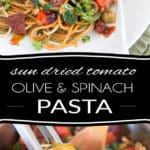 Perfect for those nights where you are not inspired or super crunched for time, this Quick Sun-dried Tomato Olive and Spinach Pasta is ready in just as much time as it take to cook a pot of spaghetti. The real kicker is it's so good, it's totally company-worthy!