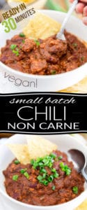 Ready in under 30 minutes, this Small Batch Vegan Chili Non Carne is perfect for those nights when you crave a comforting bowl of chili but really don't have hours to spare... plus, it tastes so crazy good, you probably won't even be able to tell the difference. Or that it doesn't contain meat, for that matter!